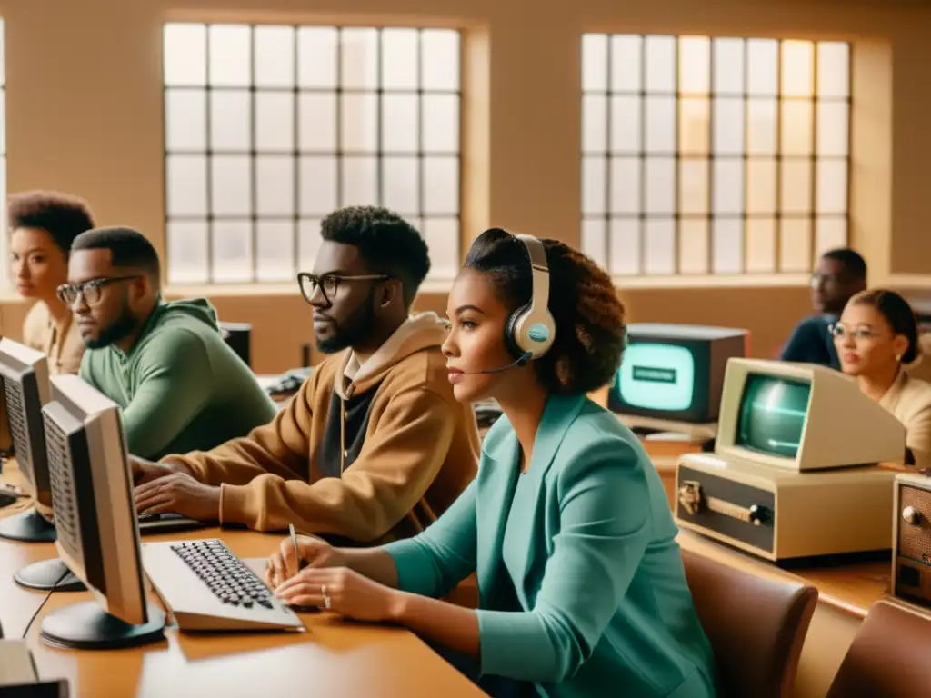 Un grupo diverso participa en un bootcamp para desarrolladores de computación en un entorno vintage, con tonos cálidos y ambiente nostálgico