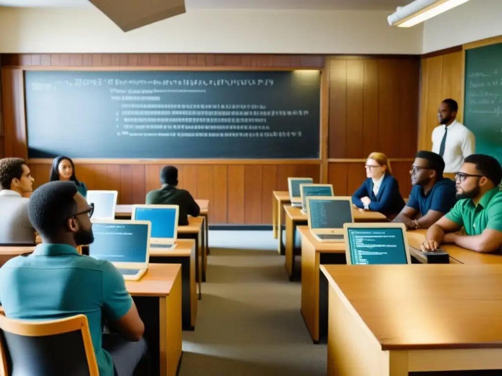 Grupo diverso de estudiantes inmersos en un bootcamp revolucionario de programación en un aula vintage con código en la pizarra