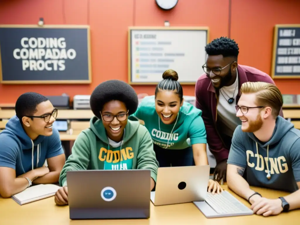 Grupo diverso de estudiantes colaborando en proyectos de codificación en un bootcamp de programación revolucionaria