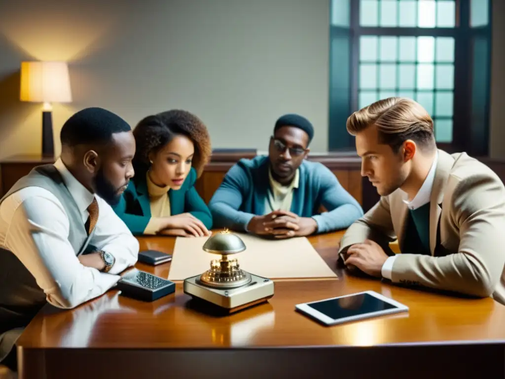 Un grupo diverso de personas sostiene una discusión reflexiva alrededor de una mesa, rodeados de tecnología vintage y moderna