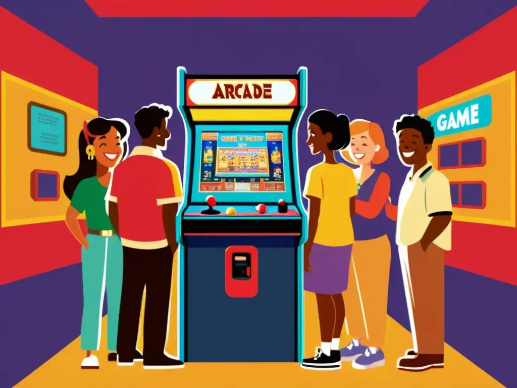 Un grupo diverso de personas de todas las edades y orígenes se reúnen alrededor de un clásico gabinete de arcade, disfrutando juntos mientras juegan