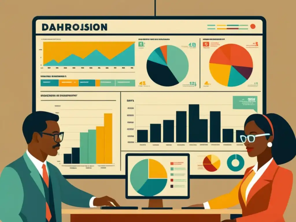 Un grupo diverso de personas colabora alrededor de un panel de datos, mostrando gráficos coloridos que reflejan la inclusión social