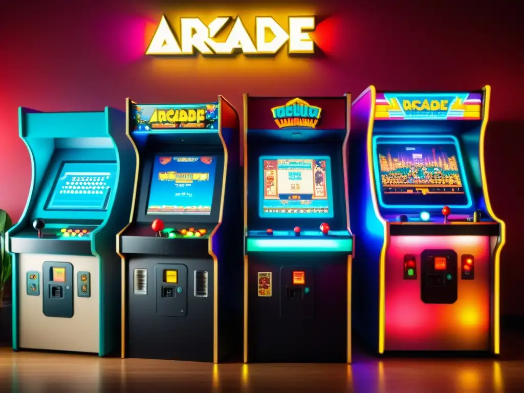 Grupo emocionado disfruta de la evolución de los videojuegos pixelados en una nostálgica sala de arcade iluminada