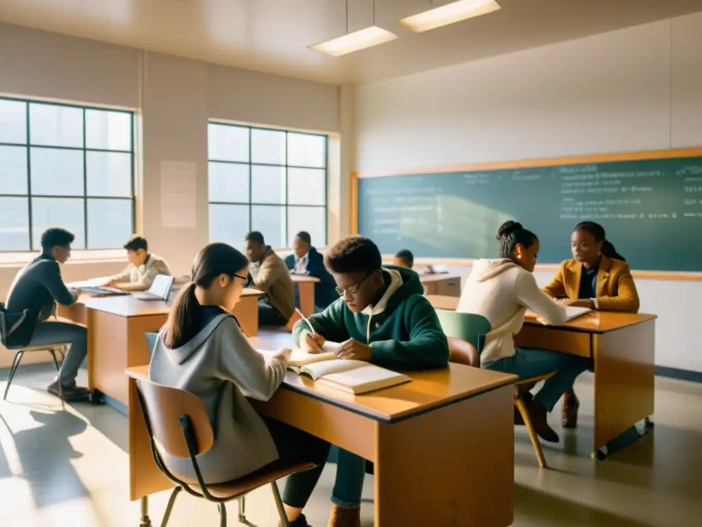 Grupo de estudiantes en un aula vintage trabajando en proyectos de codificación