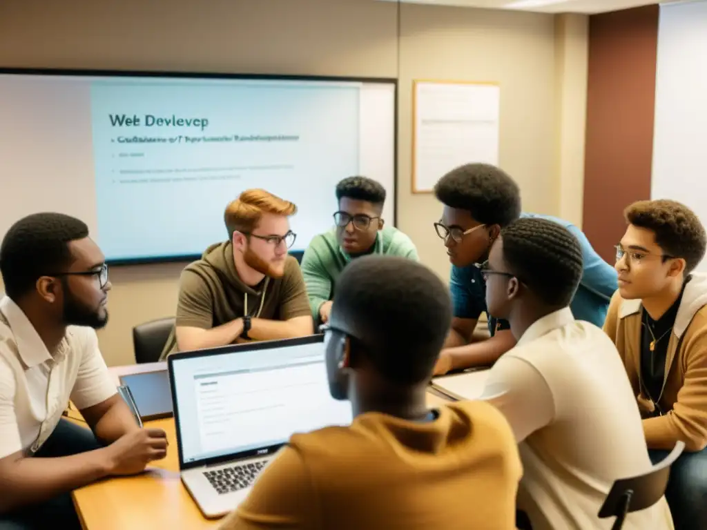 Colaboración estudiantil en entorno vintage de desarrollo web Un grupo de estudiantes diversos colaborando en un proyecto de desarrollo web, rodeados de equipo informático antiguo y libros de programación
