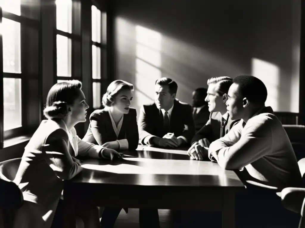 Grupo debatiendo ética en la evolución de la computación en una fotografía vintage en blanco y negro con dramática iluminación de ventana