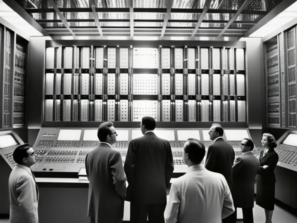 Grupo de expertos en 1960 trabajando en financiamiento de supercomputadoras, concentrados alrededor de una impresionante supercomputadora temprana