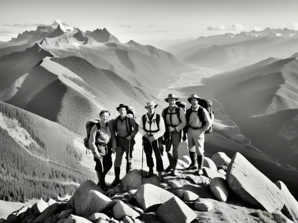 Grupo de exploradores en la cima de la montaña, transmitiendo emoción y aventura