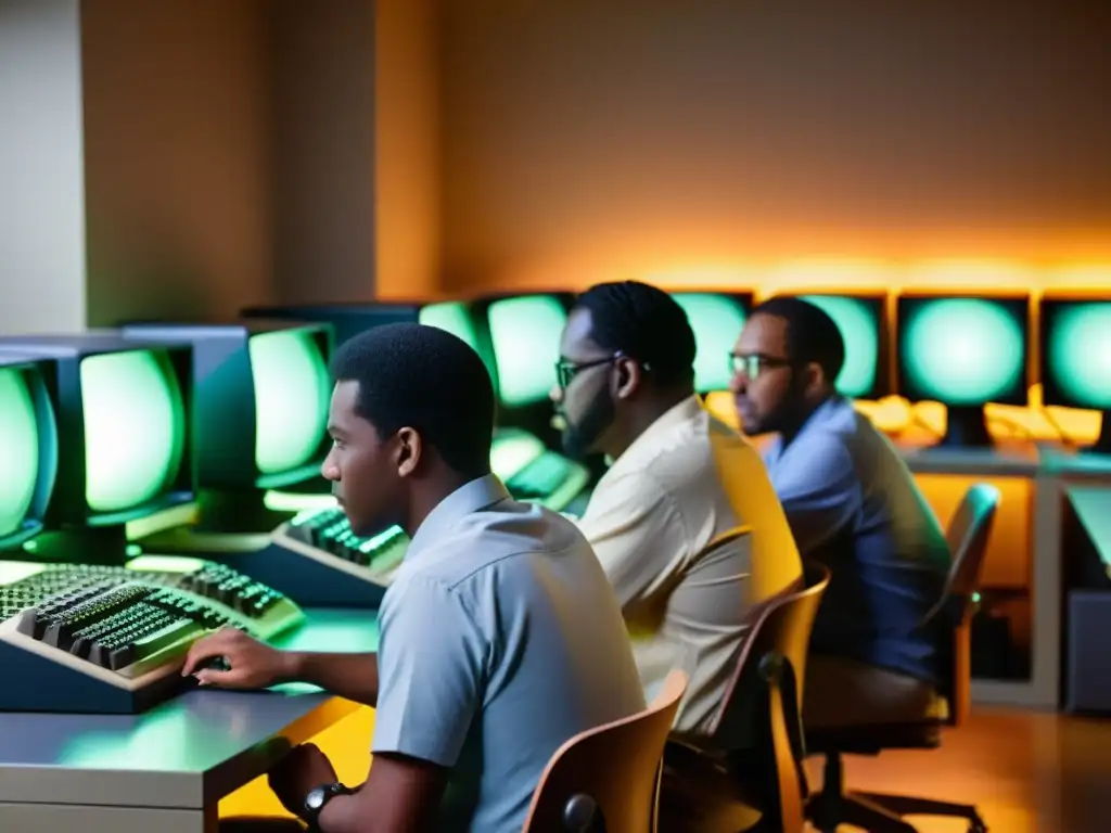 Un grupo de graduados de bootcamps para desarrolladores de computación, concentrados en su trabajo en un laboratorio de computadoras vintage