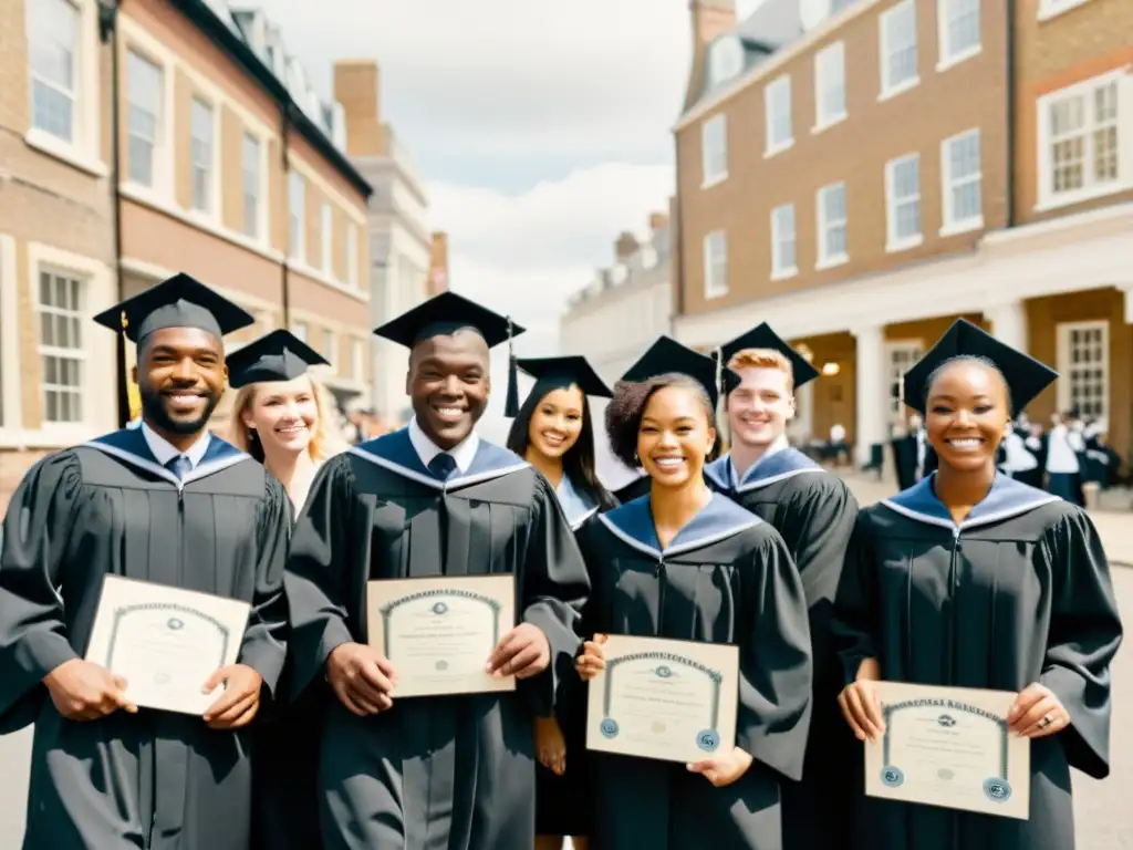 Un grupo de graduados de bootcamps de desarrollo web móvil posan orgullosos en la ciudad, evocando éxito y comunidad