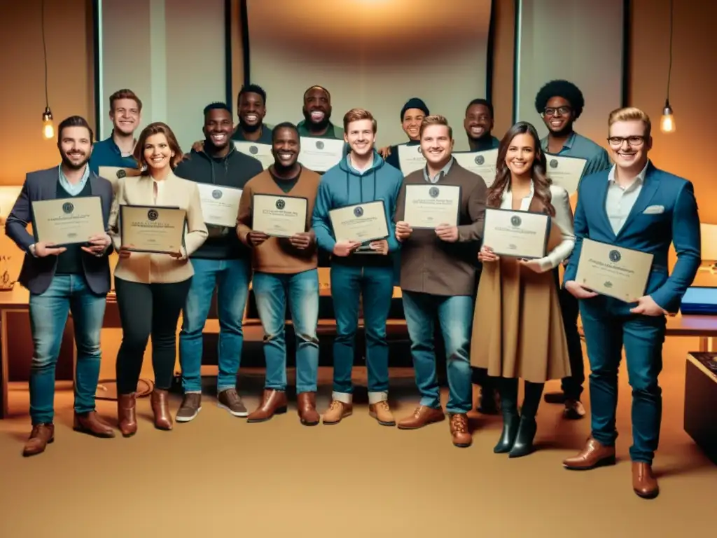 Un grupo de graduados de bootcamps de desarrollo web y móvil celebra su logro entre libros y equipos antiguos, transmitiendo pasión y dedicación