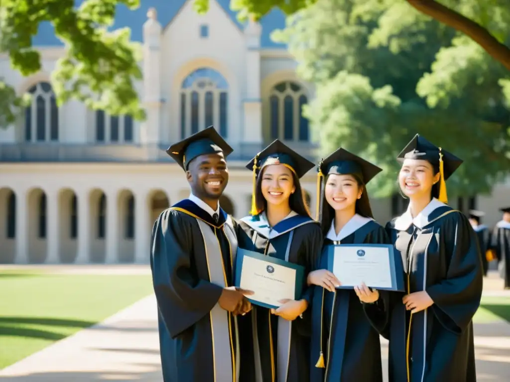 Grupo de graduados en togas y birretes, frente a la universidad, con diplomas