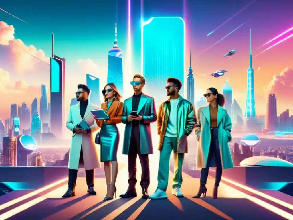 Un grupo de influencers retrofuturistas posan frente a una ciudad holográfica, creando el impacto de los influencers tecnológicos