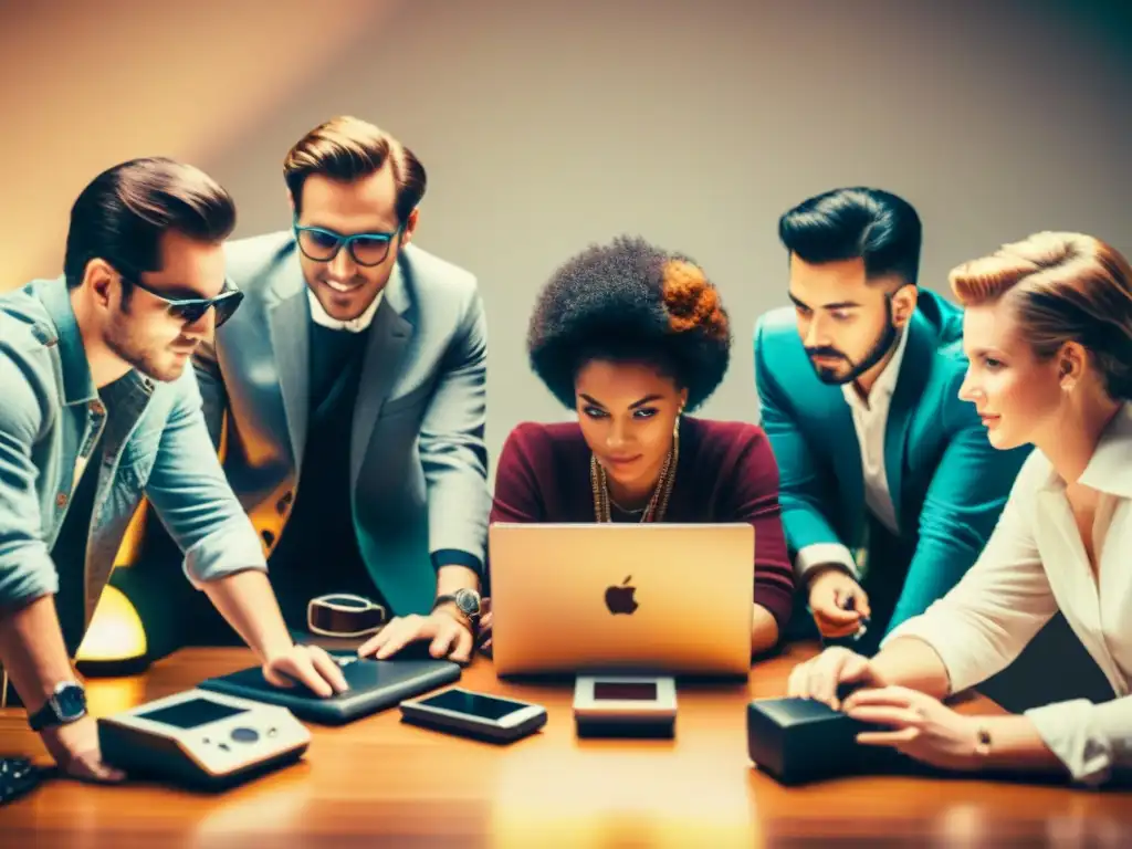 Un grupo de influyentes entusiastas de la tecnología se reúnen alrededor de una mesa llena de dispositivos, con un filtro vintage que aporta calidez