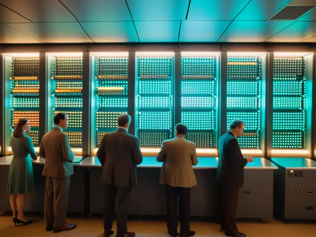 Un grupo de ingenieros y científicos rodeados de supercomputadoras vintage en una sala iluminada por luces parpadeantes