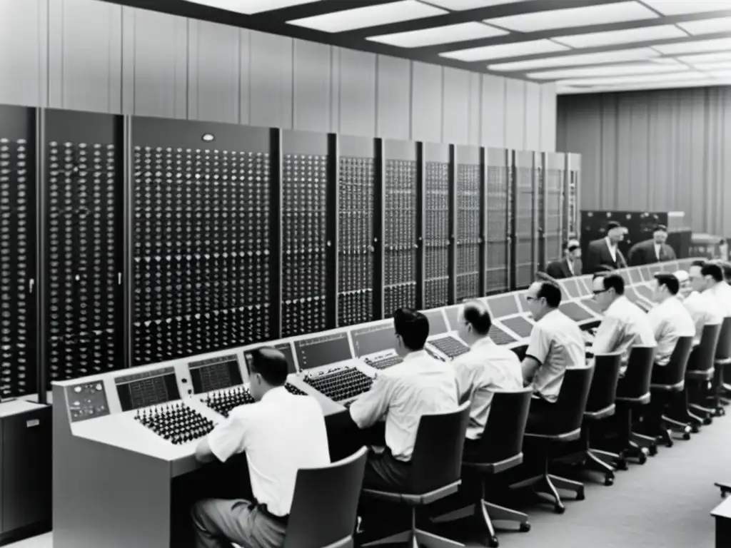 Grupo de ingenieros y científicos inspeccionan una sala llena de máquinas de computación vintage