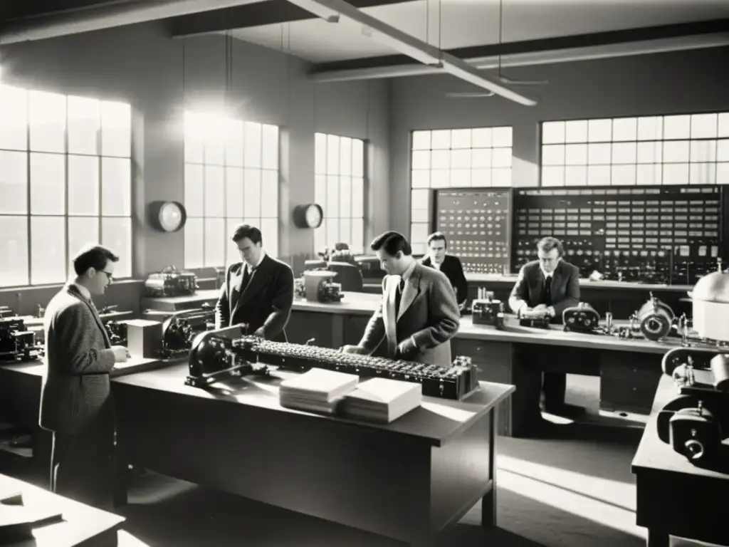 Grupo de ingenieros en un taller vintage, trabajando en prototipos de motores de búsqueda en línea