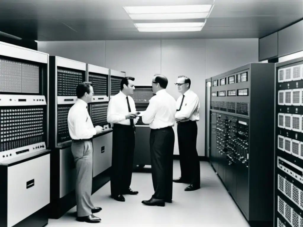 Grupo de ingenieros y técnicos alrededor de un mainframe vintage, discutiendo diagramas técnicos