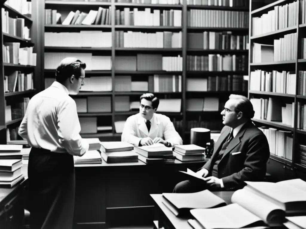 Grupo de investigadores en un laboratorio antiguo rodeados de libros y papeles, discutiendo frente a una computadora