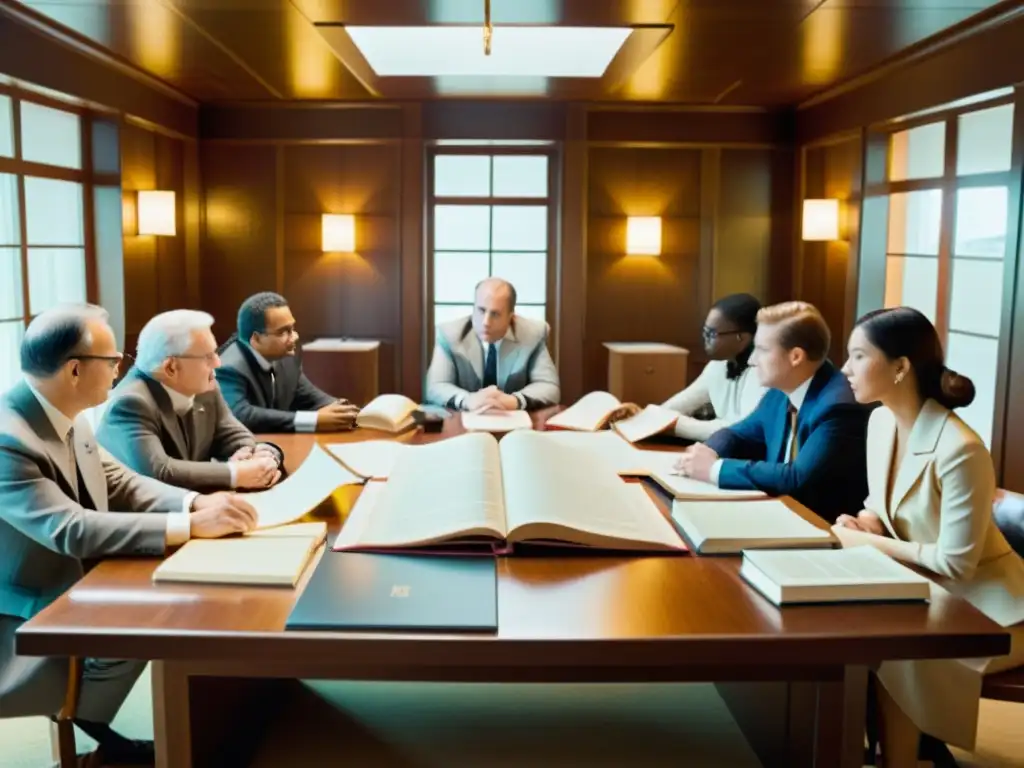 Grupo debatiendo en mesa de madera, fusionando tradición y tecnología