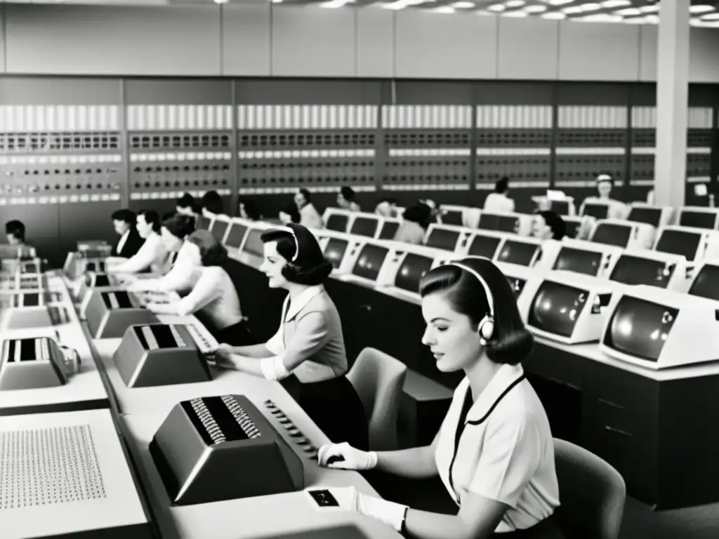 Grupo de mujeres trabajando en antiguas computadoras en una oficina bulliciosa, evocando la importancia de las habilidades humanas en el mundo computarizado de los años 60