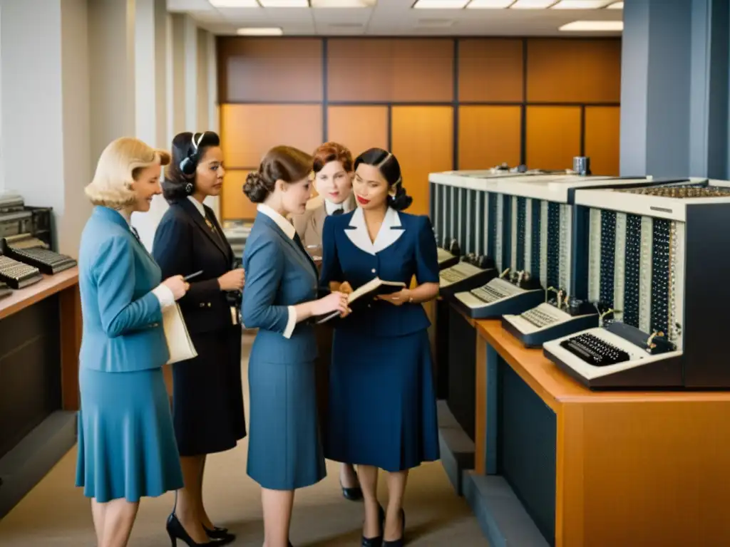 Grupo de mujeres en atuendos vintage resolviendo desafíos técnicos en una sala llena de tecnología antigua