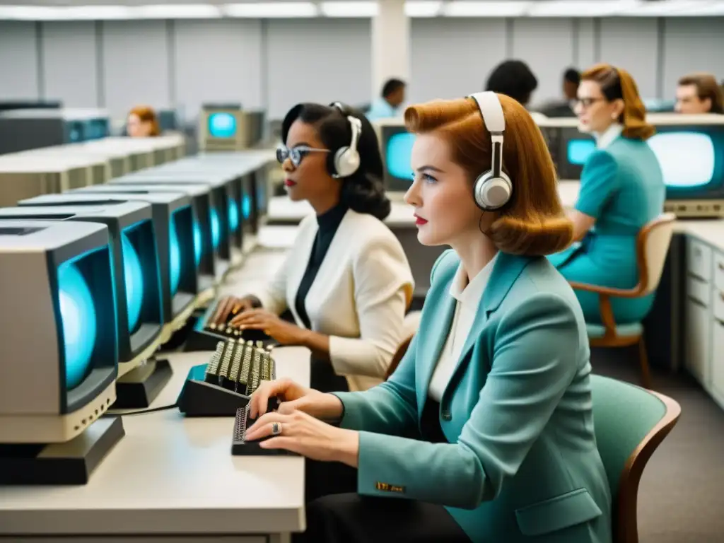 Grupo de mujeres trabajando en computadoras vintage en una sala espaciosa y bien iluminada