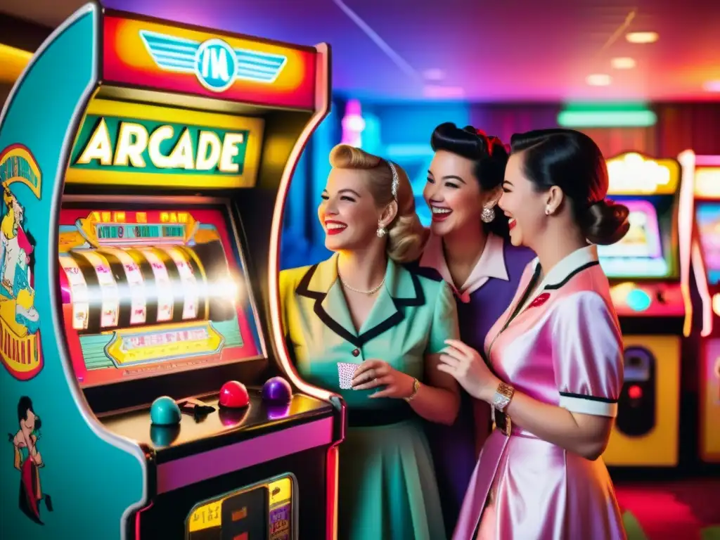 Un grupo de mujeres disfrutan y se divierten juntas en una máquina arcade retro, reflejando el rol de la mujer en videojuegos