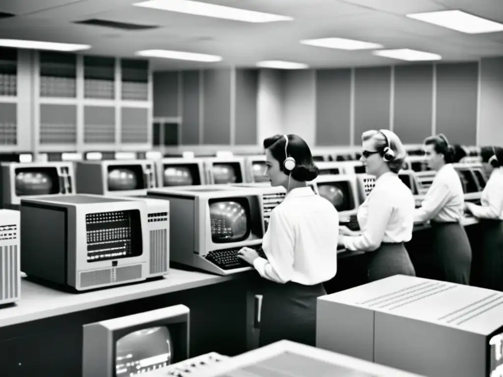 Un grupo de mujeres trabaja en un laboratorio de computación, con una mujer operando un gran ordenador principal en primer plano