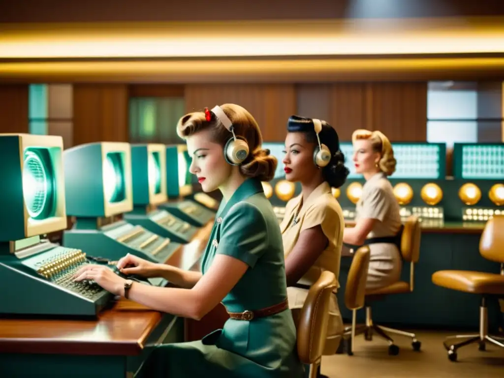 Un grupo de mujeres trabajando en un laboratorio de computación vintage, rodeadas de máquinas intrincadas, con una atmósfera cálida y empoderadora