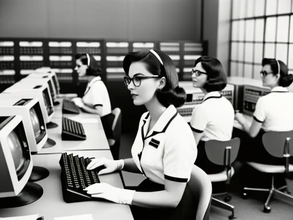 Grupo de mujeres en un laboratorio de computación de los años 60, mostrando su legado en la historia de la tecnología