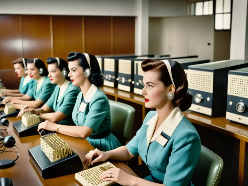 Grupo de mujeres pioneras en computación trabajando en sistemas vintage