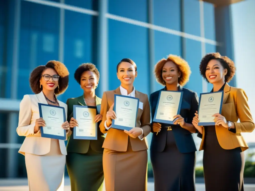 Un grupo de mujeres profesionales en ciberseguridad posan con sus certificaciones, irradiando determinación y empoderamiento