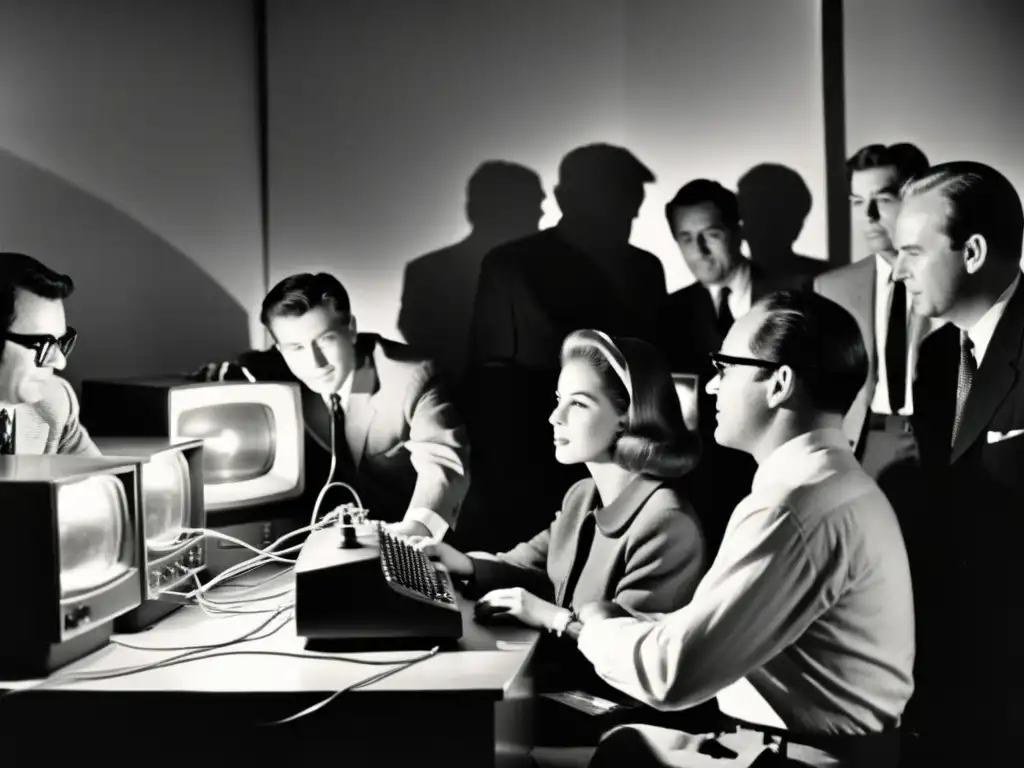 Emoción retro: personas interactúan con temprana computadora Grupo de personas en los albores de la computación, interactuando con un ordenador vintage