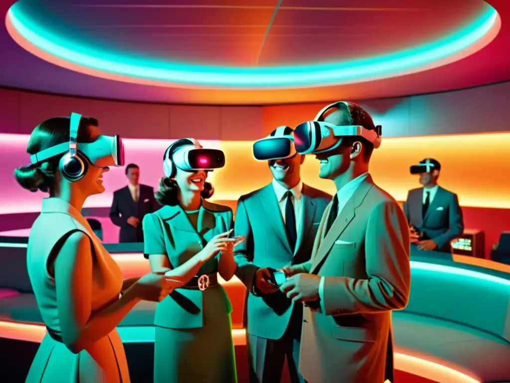 Un grupo de personas de los años 50 usando grandes auriculares de realidad virtual en una habitación futurista, creando un contraste entre lo vintage y lo futurista