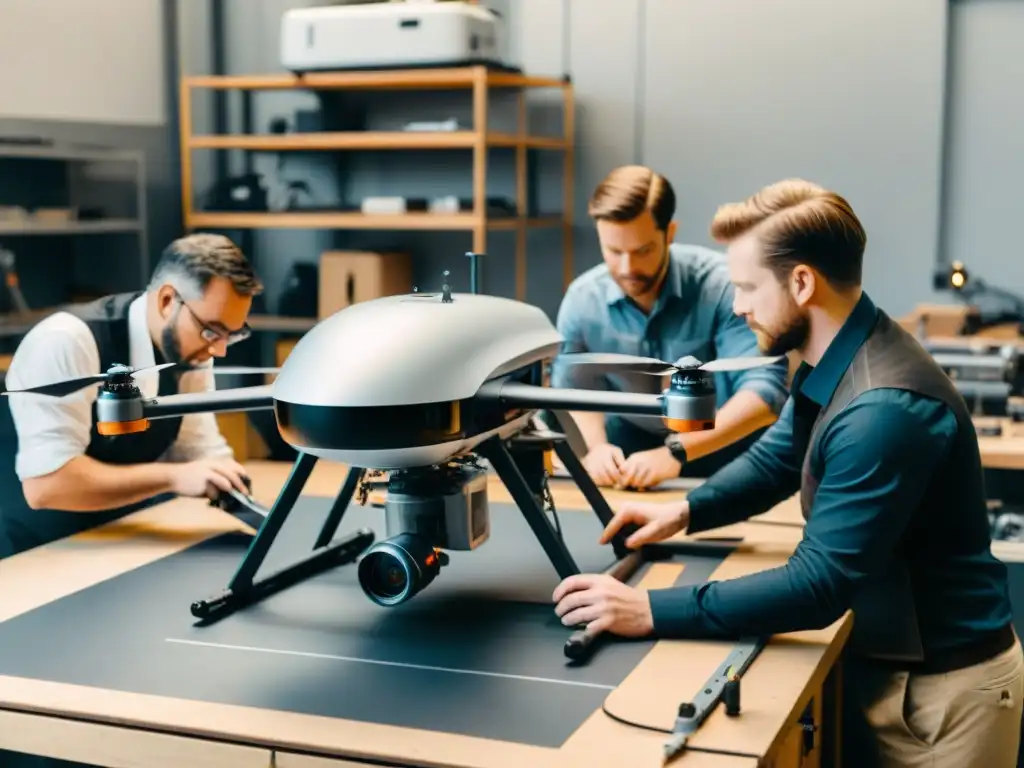 Grupo de personas trabajando en un dron futurista en un taller, destacando la innovación y el impacto de los drones en la tecnología moderna