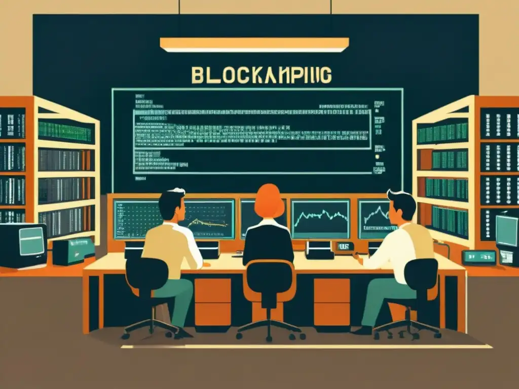 Un grupo de personas discute frente a un diagrama de blockchain en un laboratorio de computación vintage