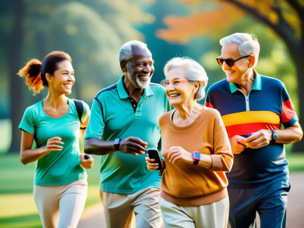 Grupo de personas mayores disfrutando de la tecnología wearables en actividades al aire libre, con un tono cálido y nostálgico