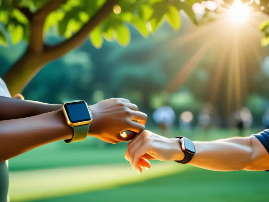 Grupo de personas mayores usando tecnología wearables de estilo vintage en una clase de ejercicio al aire libre en un parque exuberante