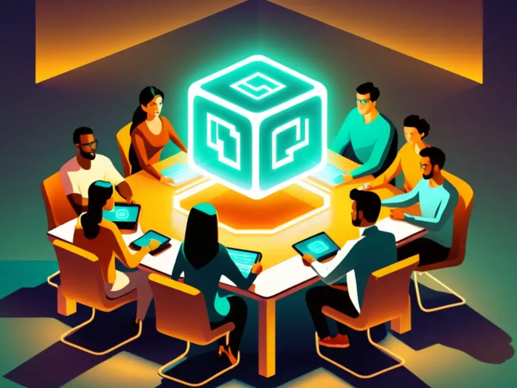 Un grupo de personas discute alrededor de una mesa digital con cubos de blockchain, redefiniendo gobernanza en línea