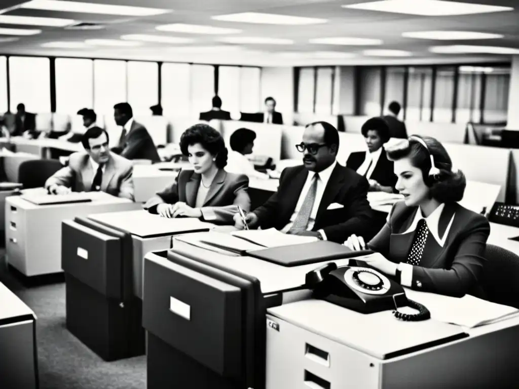 Grupo de personas trabajando en una oficina vintage de los años 80, con tecnología moderna y antigua en sus escritorios