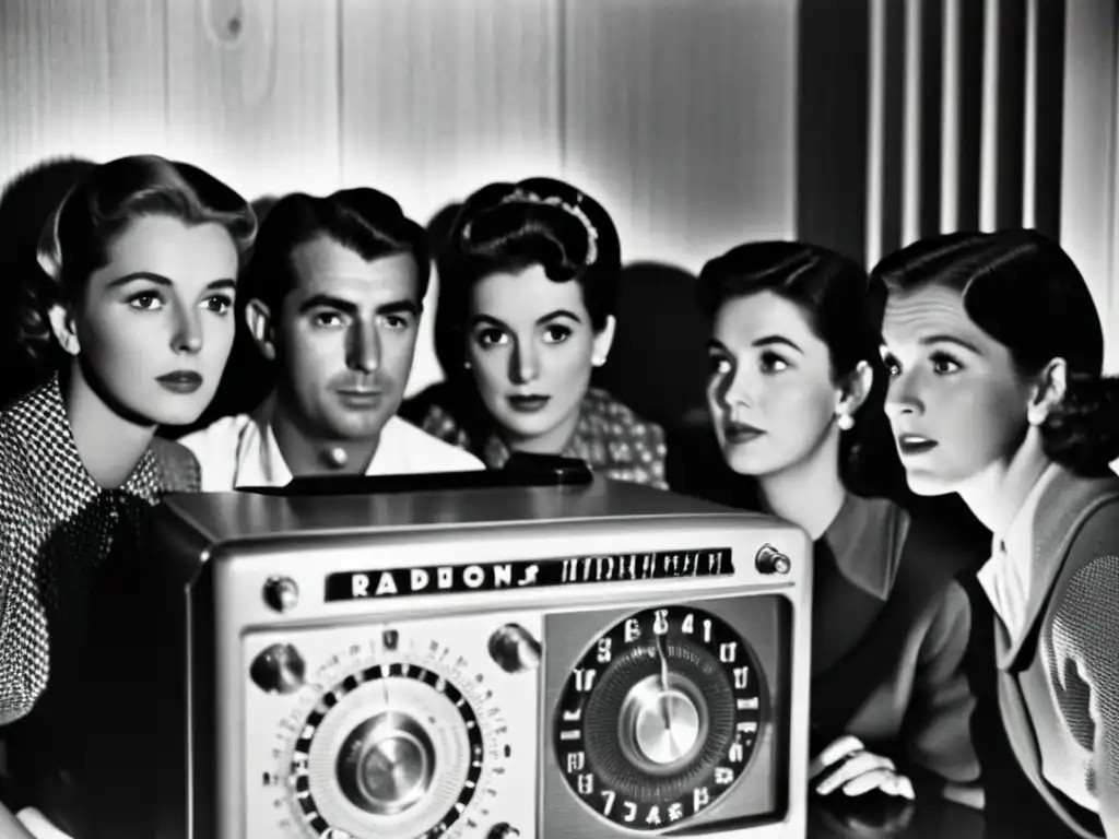 Grupo de personas escuchando un radio vintage, mostrando la evolución del storytelling en tecnología