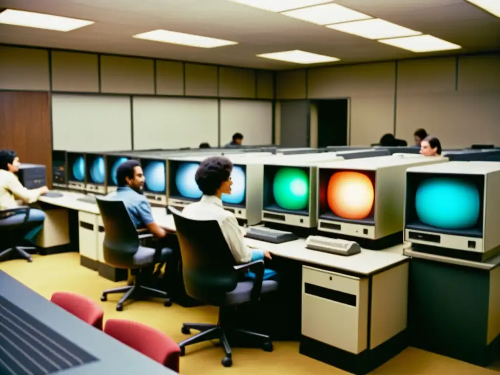 Un grupo de personas en ropa retro trabajando en antiguas computadoras en un laboratorio