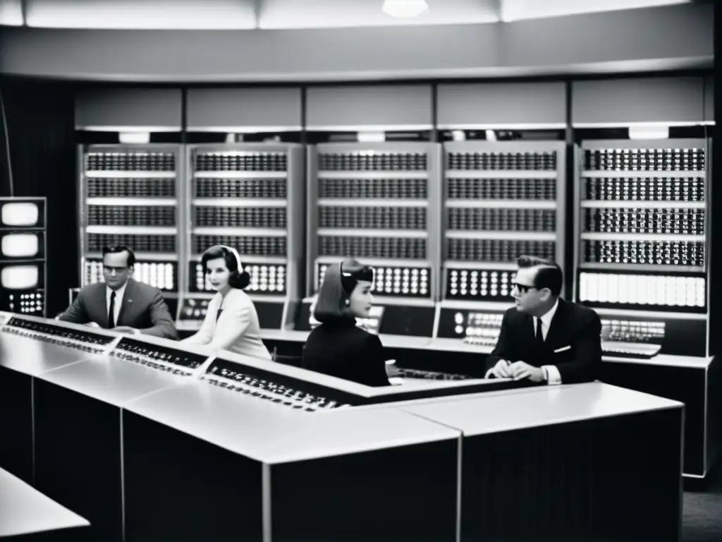 Grupo de personas en trajes de los años 60 discutiendo alrededor de una computadora principal vintage, ilustrando la historia de la ciberseguridad y la innovación tecnológica de la época