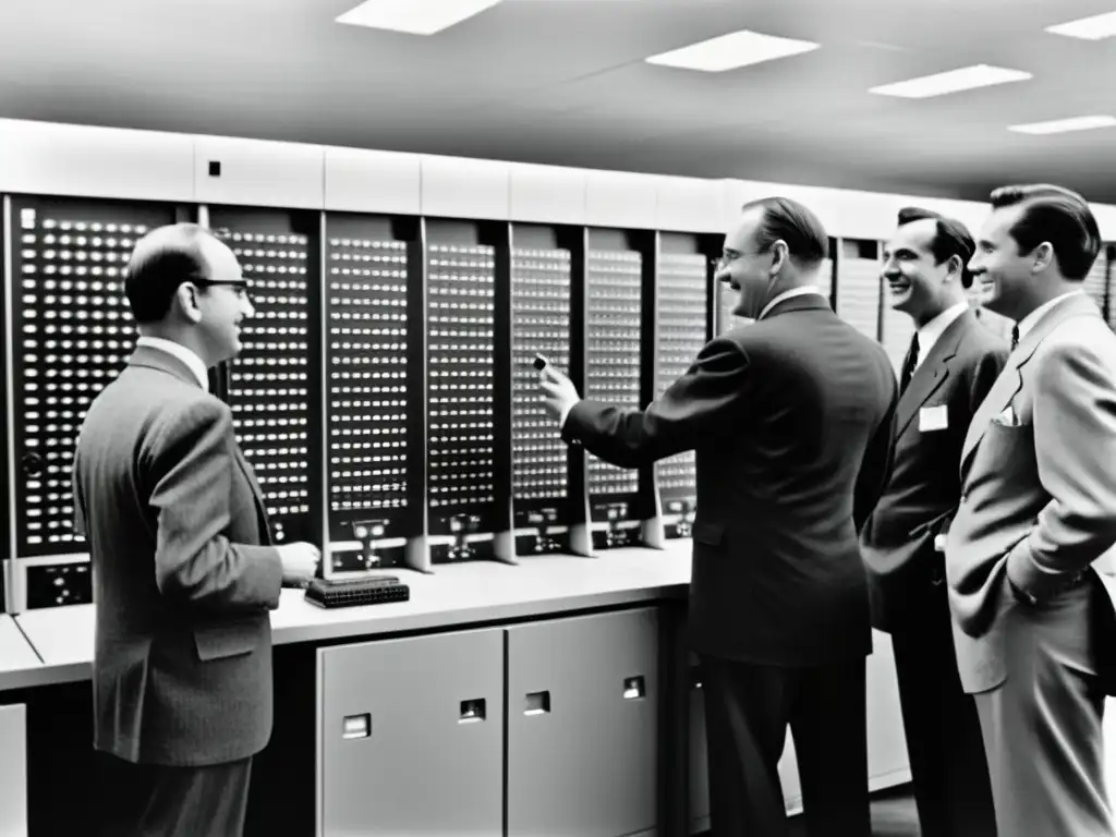 Grupo de pioneros de la computación en una sala llena de tecnología vintage, exudando historia y evolución de la influencia técnica en la computación