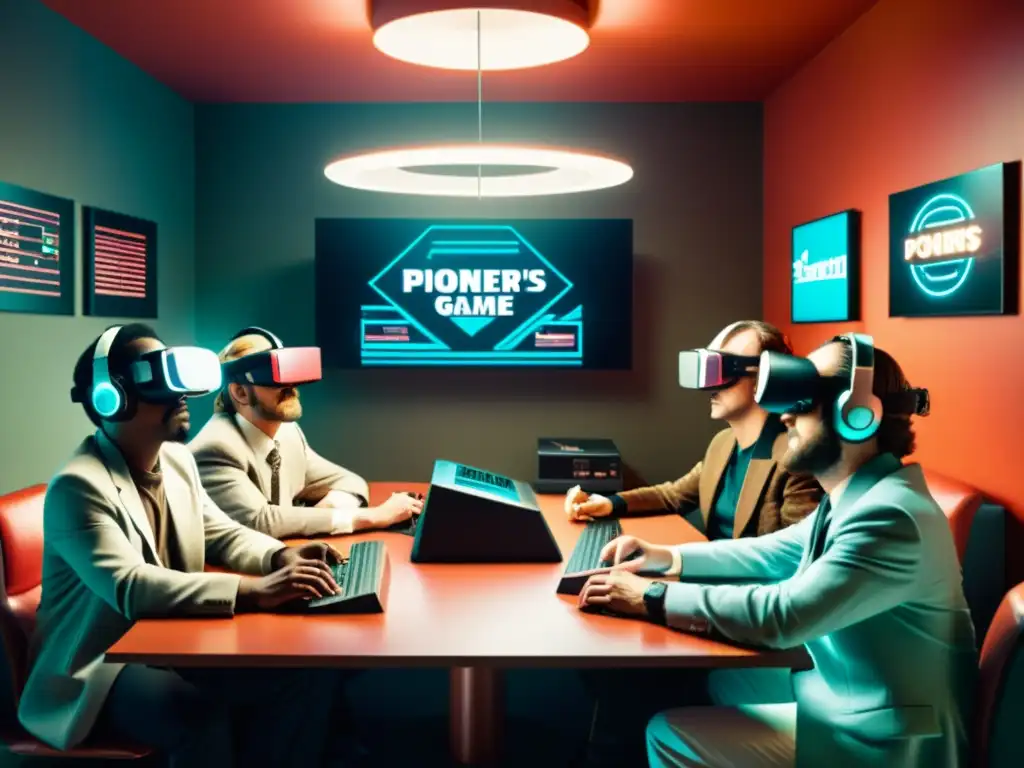 Un grupo de pioneros de la industria del juego, reunidos en una atmósfera nostálgica pero innovadora, discutiendo sobre la realidad virtual