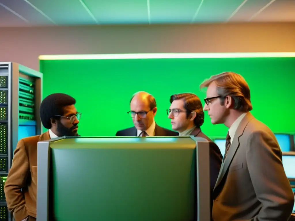 Un grupo de programadores de computadoras de la era temprana rodea un gran mainframe, con el resplandor de la pantalla verde iluminando sus rostros