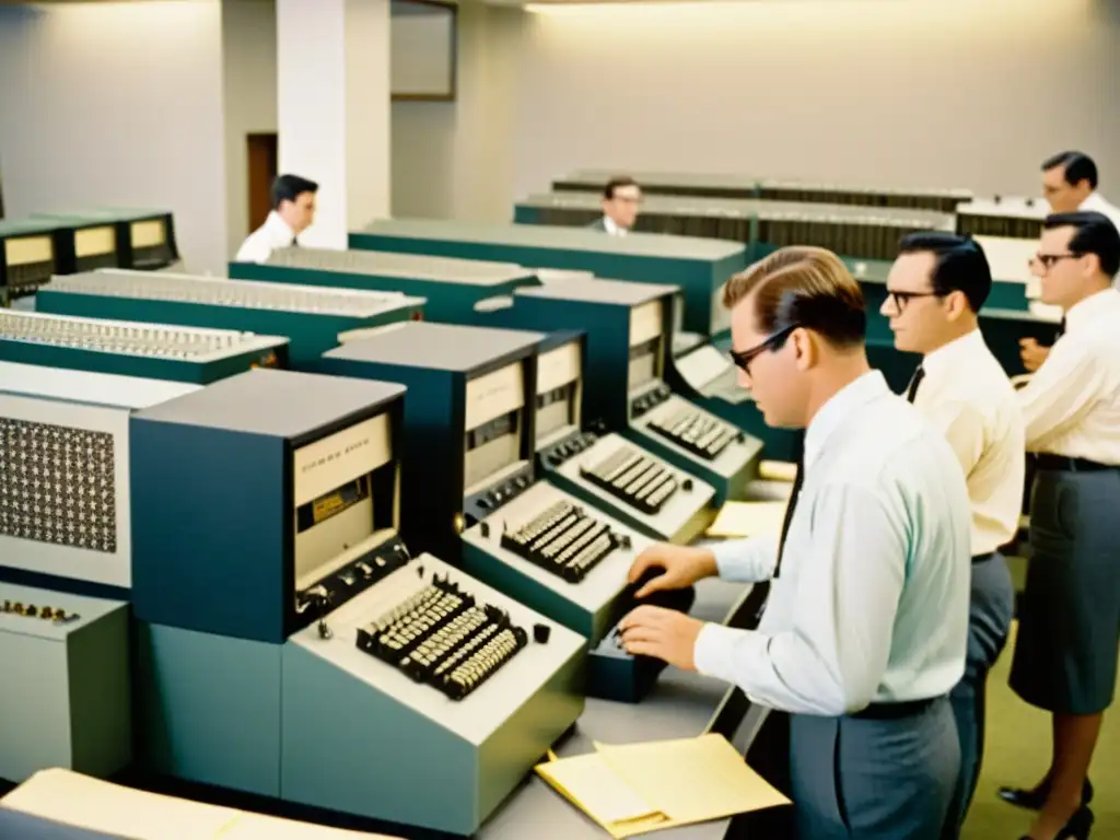 Un grupo de programadores concentrados en un laboratorio de computación de los años 60, rodeados de tecnología vintage y con expresiones serias