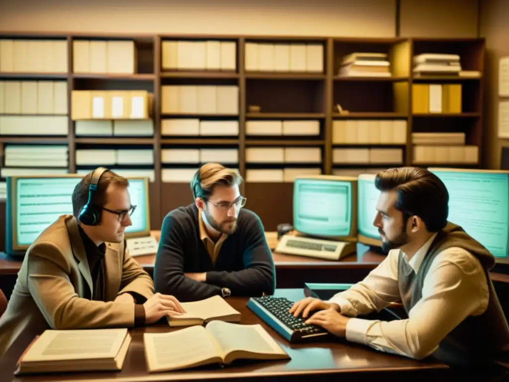 Un grupo de programadores en una discusión profunda, rodeados de equipos y libros vintage