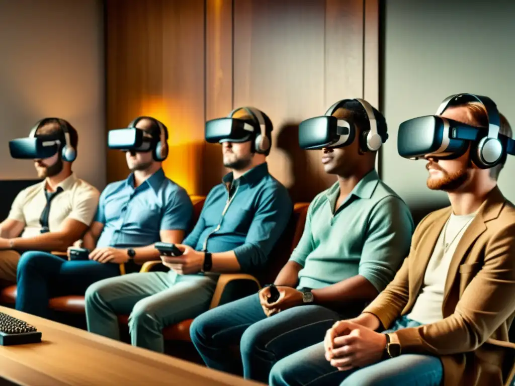 Grupo de programadores en realidad virtual retro desarrollando software de realidad virtual en computadoras vintage